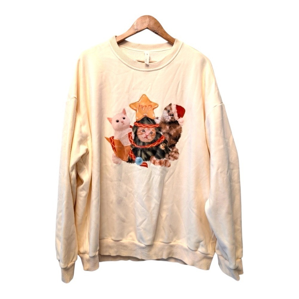 Nap Loungewear Cream Christmas Kitten Graphic Sweatshirt Oversized Medium
